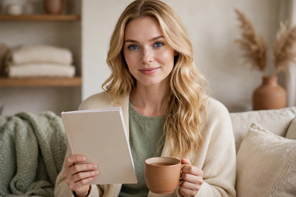 Sarah with the Reset Routine guide and tea